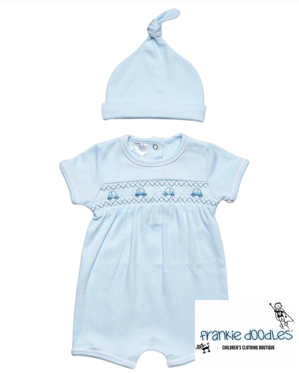 Baby Blue Car Smocked Romper Set
