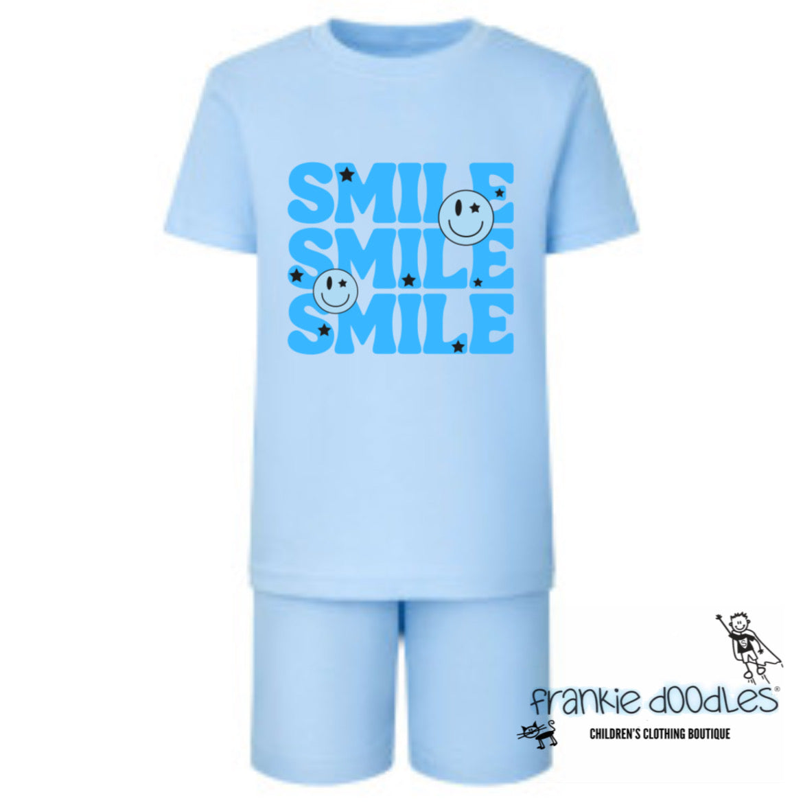 Frankie Doodles Exclusive: Retro "SMILE" Blue Shorts & Tee Set