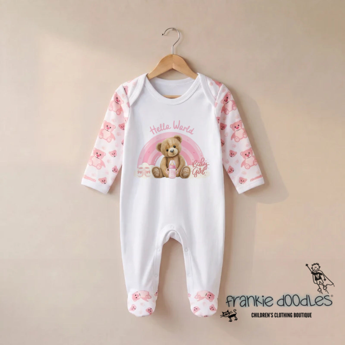 "Hello World" Teddy Bear Baby Girl Sleepsuit