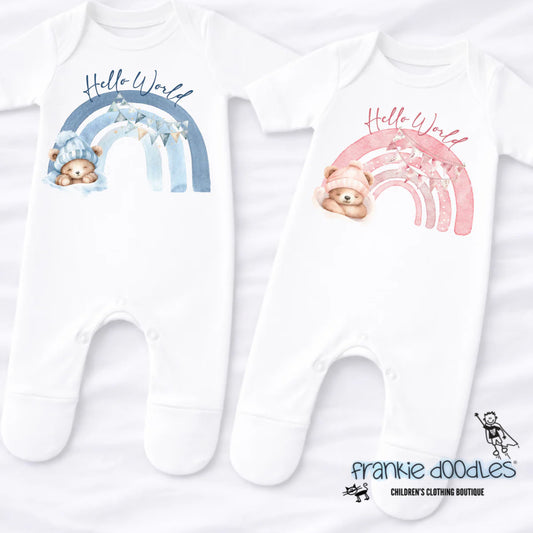 "Hello World" Teddy & Rainbow Sleepsuit