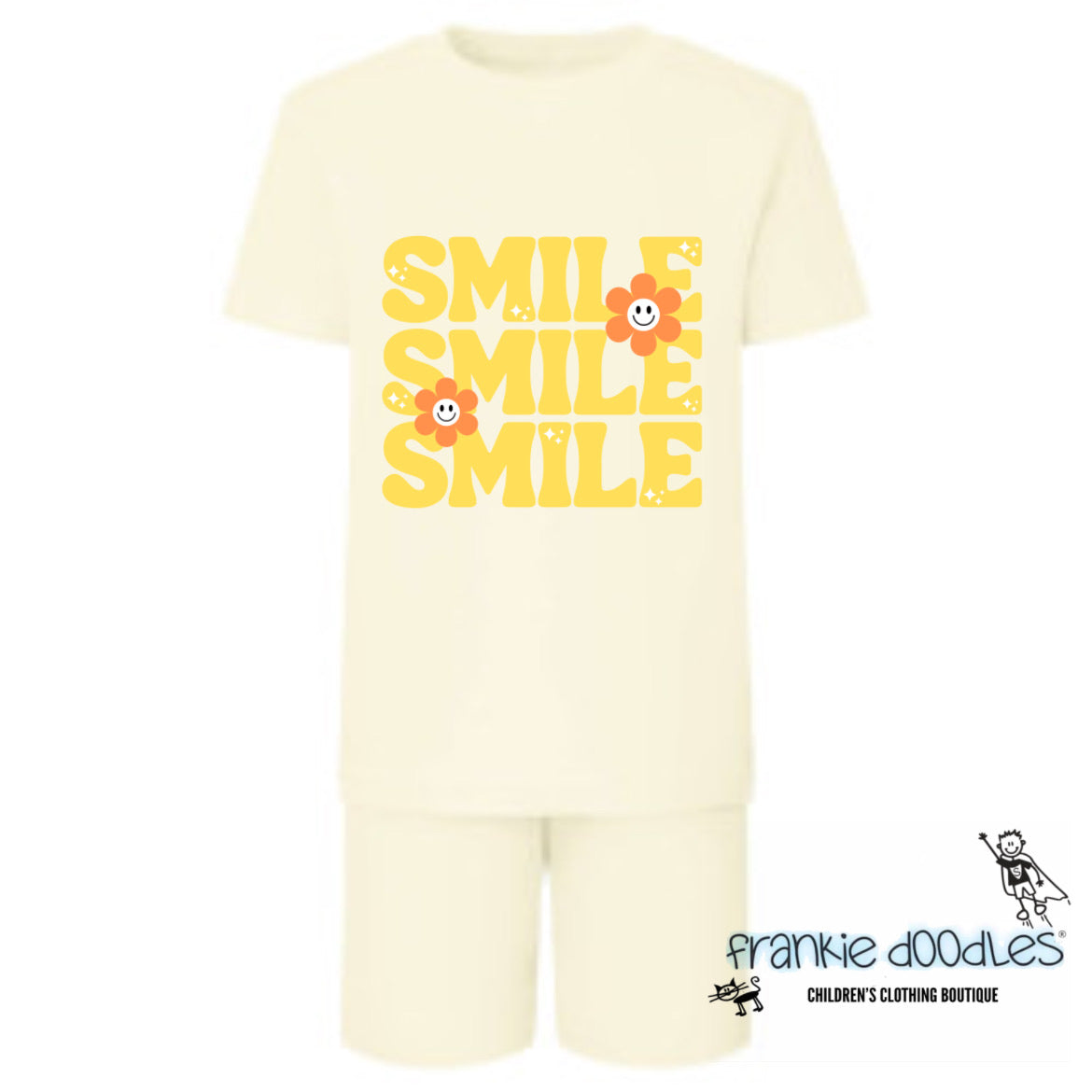 Frankie Doodles Exclusive: Retro "SMILE" Cream & Yellow Shorts & Tee Set