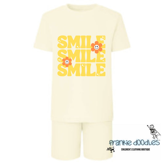 Frankie Doodles Exclusive: Retro "SMILE" Cream & Yellow Shorts & Tee Set