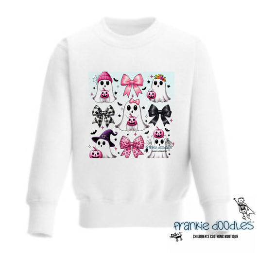 Cute Pink Bow Ghosts Custom Printed White Fleece Crew Neck Sweatshirt