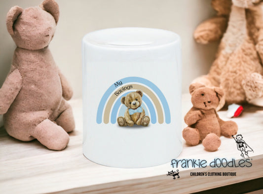 Blue Rainbow Teddy Money Box