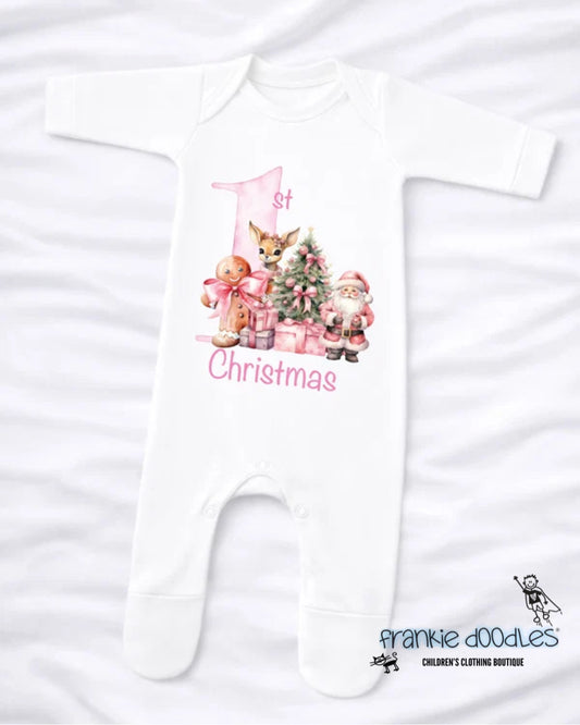 Baby's 1st Christmas Pink Festive Friends Sleepsuit