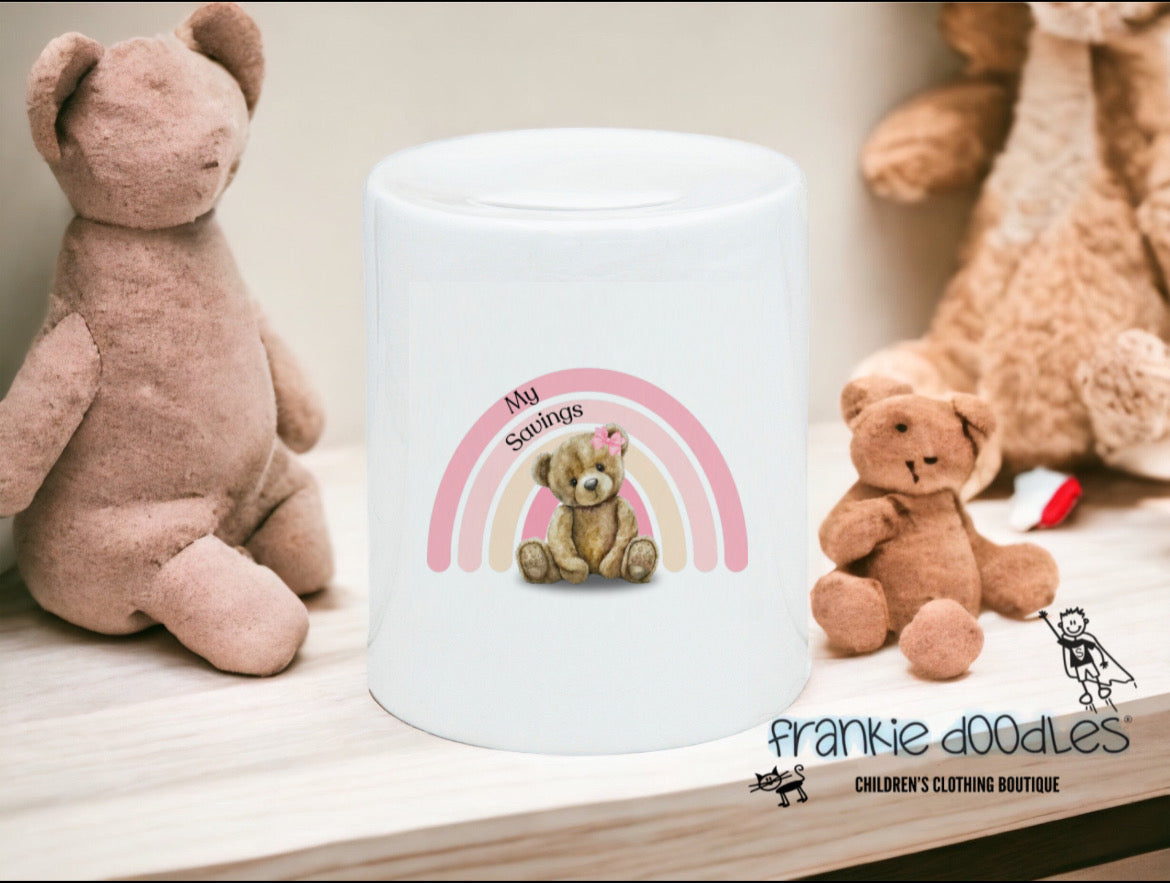 Pink Rainbow Teddy Money Box