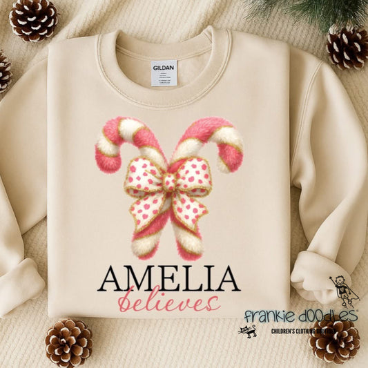 Pink Candy Bow “Believes” Personalised Sweatshirt