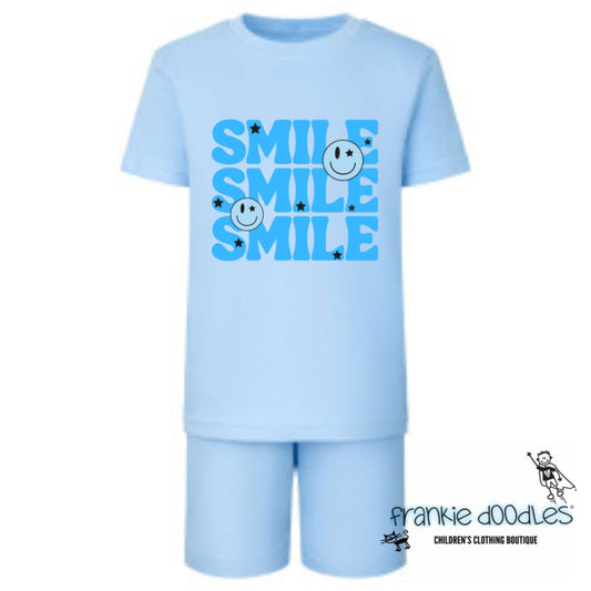 Frankie Doodles Exclusive: Retro "SMILE" Blue Shorts & Tee Set