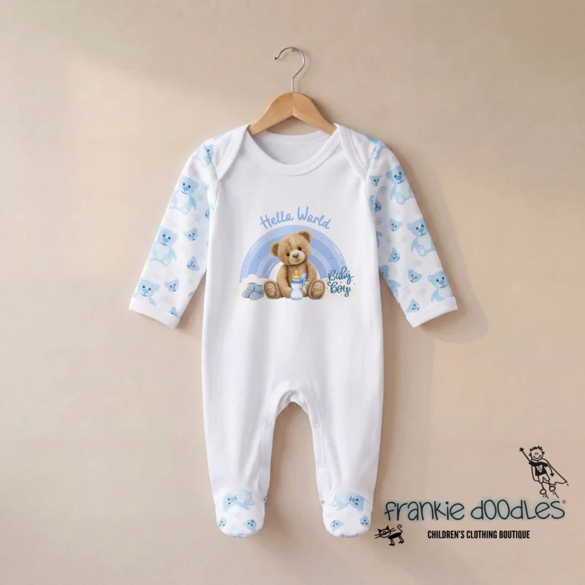 "Hello World" Teddy Bear Baby Boy Sleepsuit